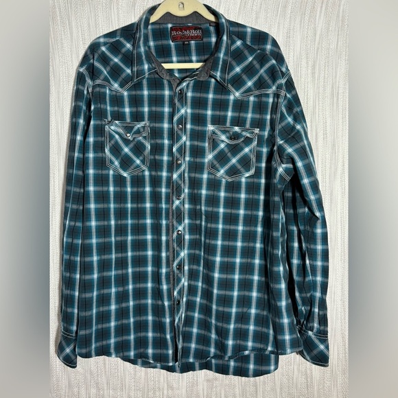 Rock and Roll Cowboy Men's Blue Plaid Shirt XXL - Picture 1 of 4